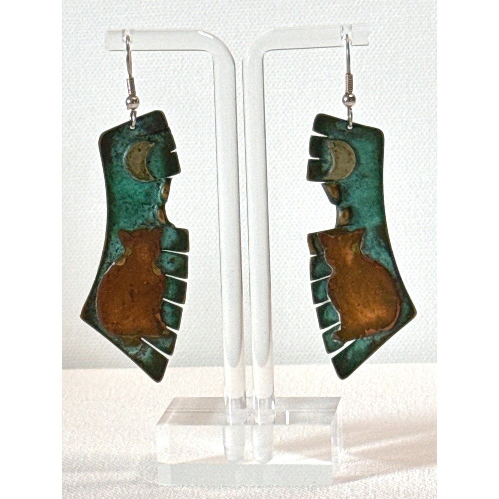 Vintage Artisan Copper Verdigris Cat Moon Asymmetrical Dangle Earrings